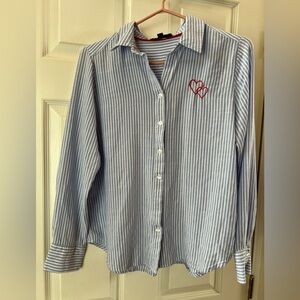Jane and Delancey Blue & White Striped Shirt with Heart Embroidery & “XOXO” M